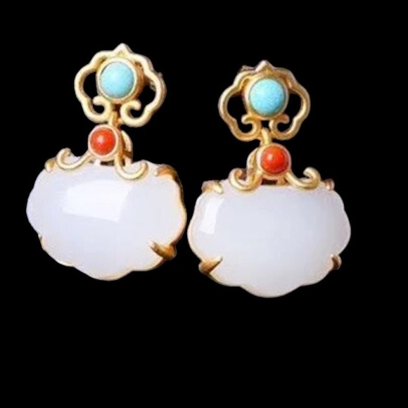 Jewelry - WHITE JADE, STONES AND GOLD LOTUS FLOWER DROP CHINESE STYLE EARRINGS